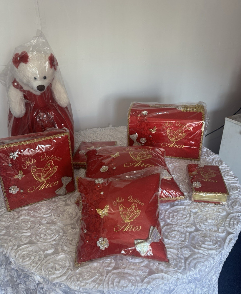 Red Gold Quinceañera Pillow Set Fabric Floral Party Decorations for Girls