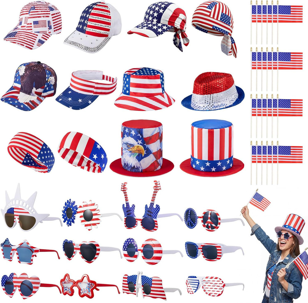 48 Pack 4Th of July Hats and Glasses Set, 12 4Th of July Hats 12 Patriotic Sungl