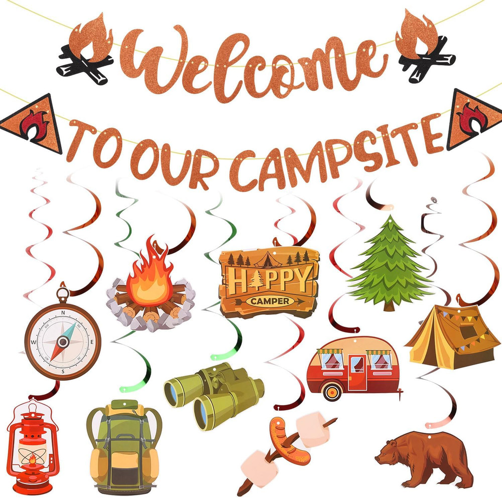 13Pcs Camping Themed Party Decorations Set, Pre-Strung Glitter Welcome to Our Ca