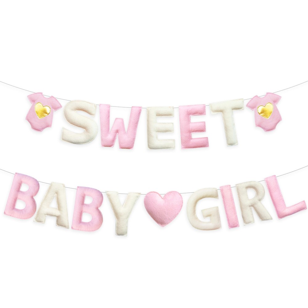 Pink Baby Shower Decorations Pre-Strung Handmade Felt Sweet Baby Girl Sign Ba…