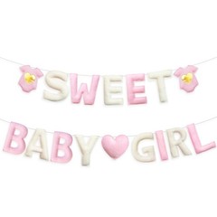 Pink Baby Shower Decorations Pre-Strung Handmade Felt Sweet Baby Girl Sign Ba…