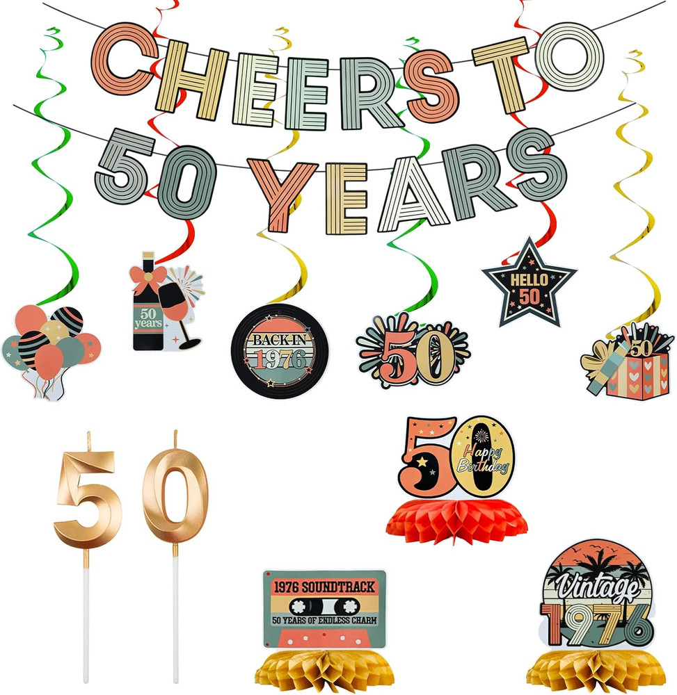 Cheers to 50 Years Birthday Decorations for Women Men, Banner Centerpieces Hangi