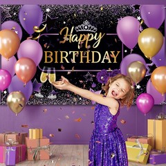 Frienda Purple Birthday Banner 72.8 x 43.3 inches, Black,Purple,Rose