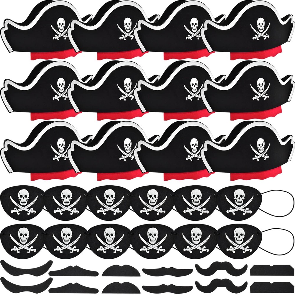 36 Pcs Pirate Hats Set Mustaches Eye Patches Party Favors for Halloween Cosplay