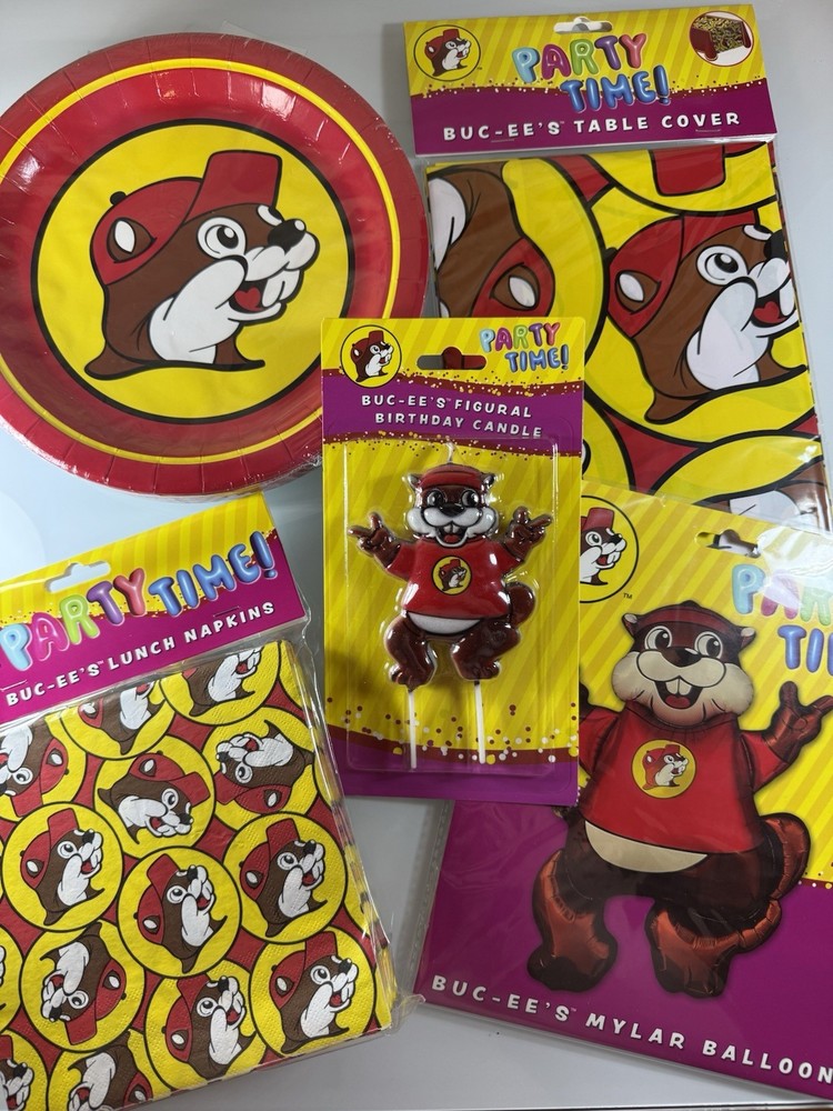 Buc-ee’s Birthday Party Supplies Bundle – Table Cloth, Napkins, Candle, Balloon