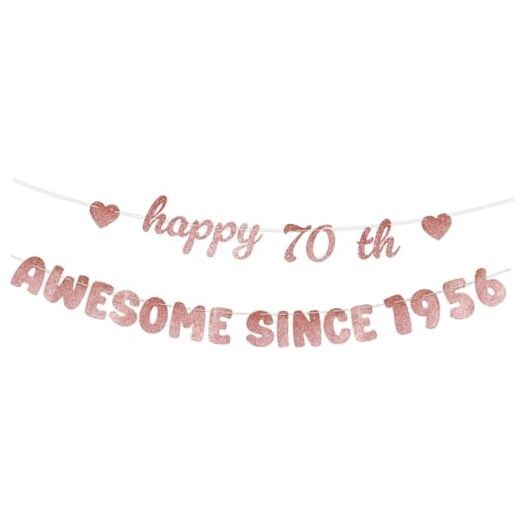 Rose Gold Birthday Decorations for Women – Glittery Happy Birthday Banner, 70th