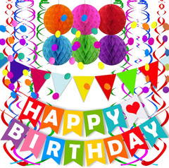 Colorful Happy Birthday Banner Paper Triangle Flag Bunting Circle Confetti Dots