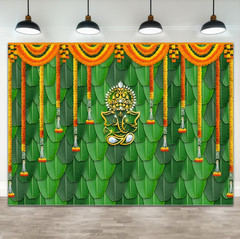 Indian Pooja Traditional Backdrop Marigold Background Banana Leaf Ganesh
