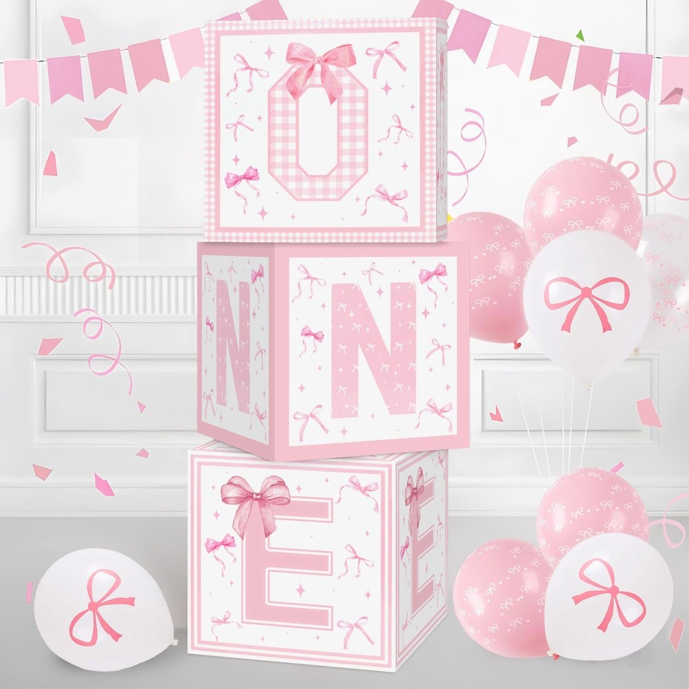 Pink Bow First Birthday Decorations,3Pcs Conqette One Balloon Boxes for Girl …