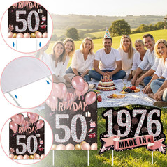 2Pcs Birthday Yard Signs 50th Birthday Decorations for Women Rose Gold Happy 50