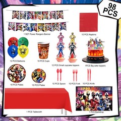 98 Pcs Power Rangers Decorations Tableware,Power Rangers Party Backdrop Banner