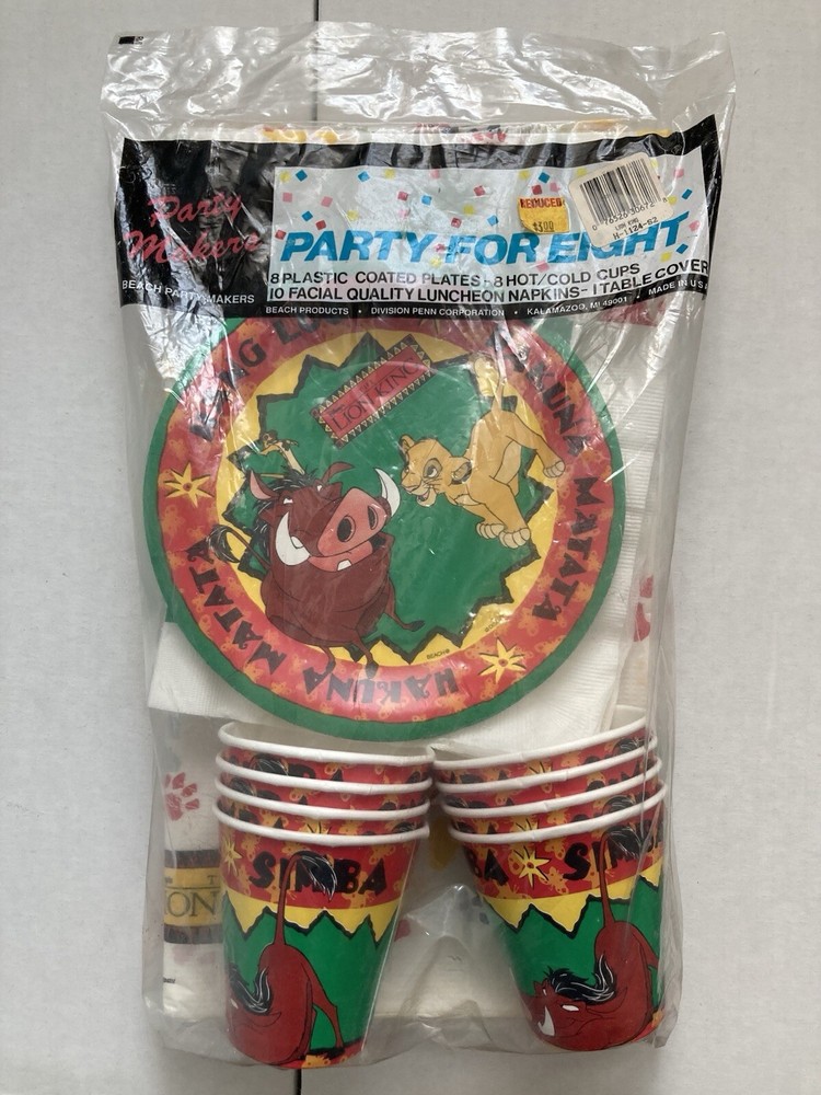 DISNEY LION KING BEACH PARTY MAKERS SET PLATES CUPS NEW SEALED CARTOON MOVIE VTG