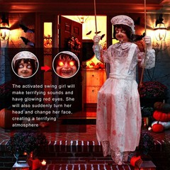 Animated Halloween Swing Girl Hanging Decorations, Scary Rotating Head Animat…