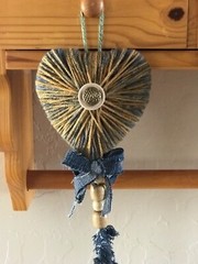 Heart, Handmade Denim Feathers, Hanging Decorations, Wood Beads, Yarn, Repurpose