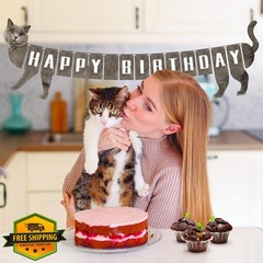 Adecortalk Grey Cat Birthday Banner