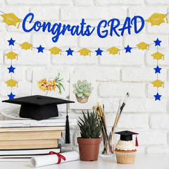 Blue and Gold Graduation Decorations Banner 2026,Glitter Blue and Gold Class of