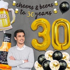 Memorable 30th Birthday Party Pack: Gold Balloons, Banner & Fringe Curtain