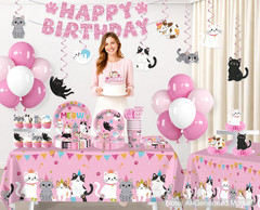 213Pcs Cat Birthday Decorations, Complete Paper Tableware Set Includes 350Gsm Pl