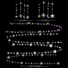 Iridescent Star Moon Circle Dot Garland Party 12 Piece Set, Multi Color