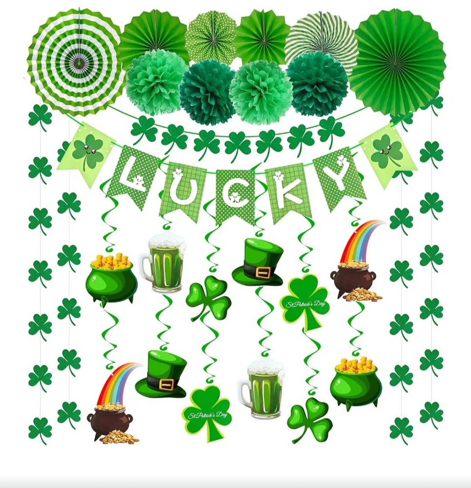 St. Patrick’s Day Decorations Kit with Lucky Banner, Hanging Swirls, Glitter Sha