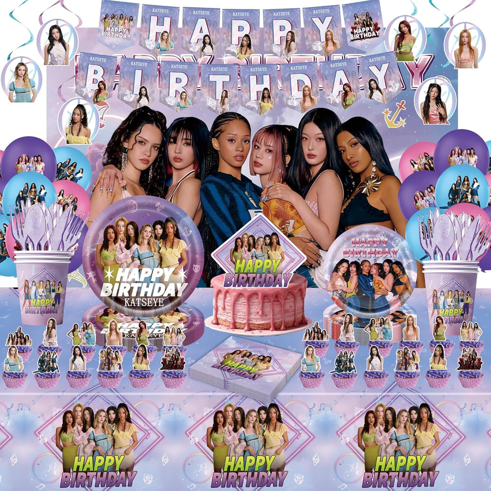 156Pcs Katseye Birthday Decorations, 71″X43″ Tablecloth, 60″X40″ Backdrop, 15 Ba
