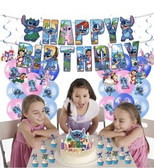 Blue Stitch Theme Birthday Party Decoration Set ,Banner Cake Toppers Balloons