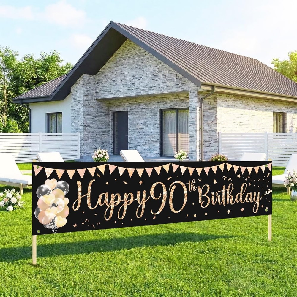 Happy 90th Birthday Banner Sign Black Gold Glitter 90 Years Old Birthday Party H