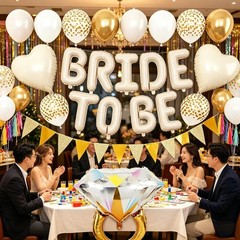 Gold & White Bride Balloons – Bachelorette Party Decorations, Diamond Ring Foil,