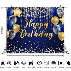 Navy Blue and Gold Happy Birthday Backdrop 10x8ft Royal Blue Birthday Banner