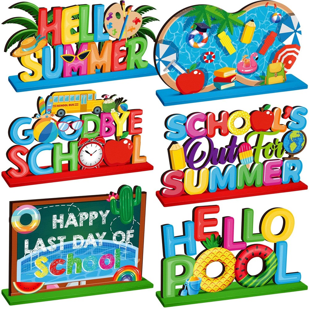 Hello Summer Decorations School’s out Pool Wooden Signs Indoor Tabletop 6 Pcs