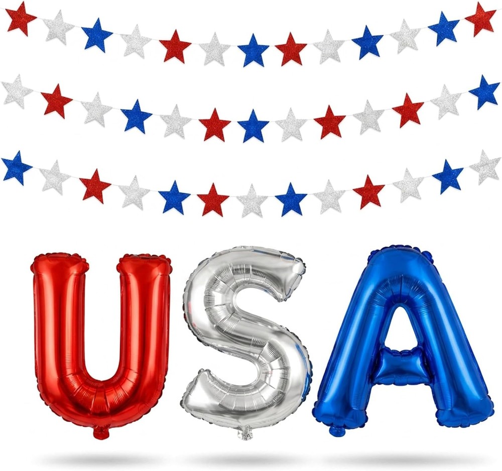 USA Independence Day Banner Garland – Red White & Blue 18 Inch Foil Letter