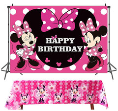2 Pack Girl’s Birthday Party Backdrop & Table Cover – Cartoon Mouse Theme Minni