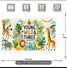 Young Wild and Three Backdrop7ft x 5ft Polyester, 3-year-old Theme