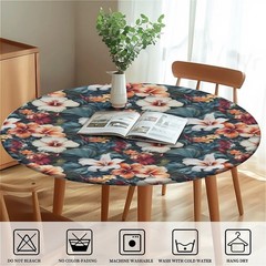 Round Fitted Tablecloth with Elastic Edge, 36″-60″ Waterproof Stain Resistant Ta