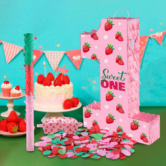 Strawberry Birthday Decorations, Sweet One Number 1 Pinata with Stick Blindfold