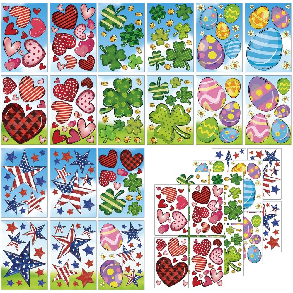 18 Sheets Valentines Window Cling Set St. Patrick’s Easter 4th of July 204 Pcs W