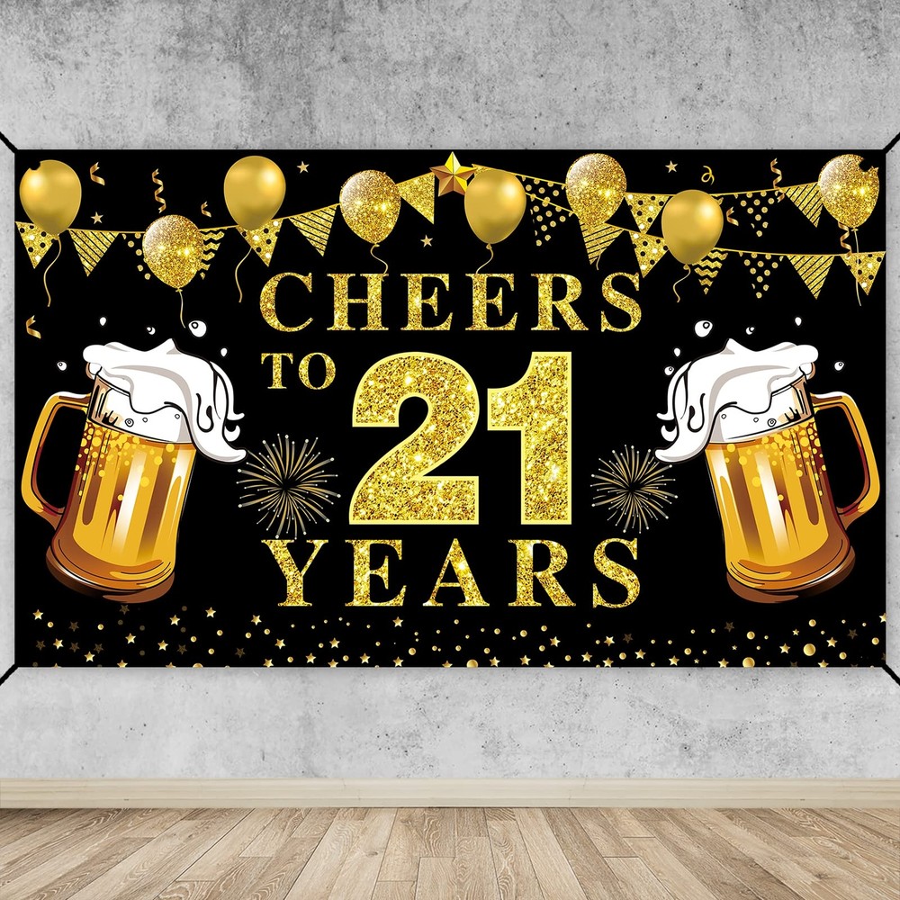 Happy 21st Birthday Banner Decorations, Black Gold Cheers to 21 years Backdro…