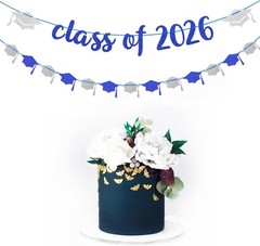 Navy-Blue Silver Party-Decorations Graduation Banner-Streamers 18 Pcs Kits Class