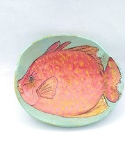 Hand Painted Coconut Shell W/Tropical Orange Fish Signed Beach House Decor