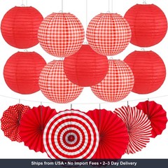 15 Pcs Red Gingham Party Decorations 12 Inch Paper Lanterns and Fans for Picnic