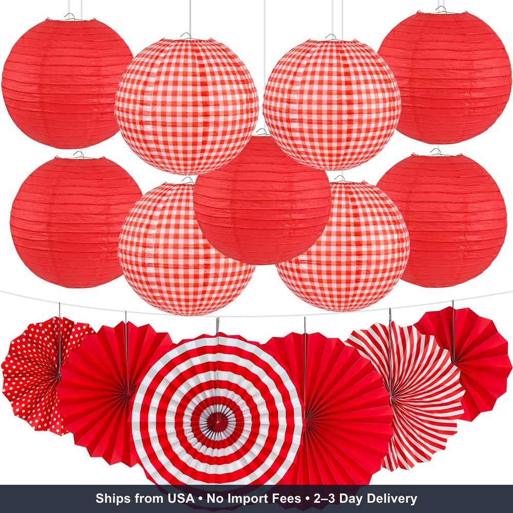 15 Pcs Red Gingham Party Decorations 12 Inch Paper Lanterns and Fans for Picnic