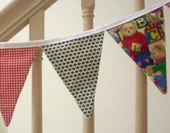 Teddy Bear Print Red, Blue, Yellow, Fabric Party Banner, Cotton, 5 ft long