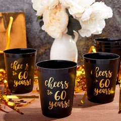 Sparkle and Bash Plastic Party Cups for 60th 16 Count (Pack of 1), Black