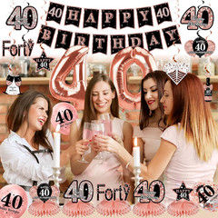 34Pcs 40Th Birthday Decorations Kit for Women, Rose Gold Happy 40 Birthday Banne