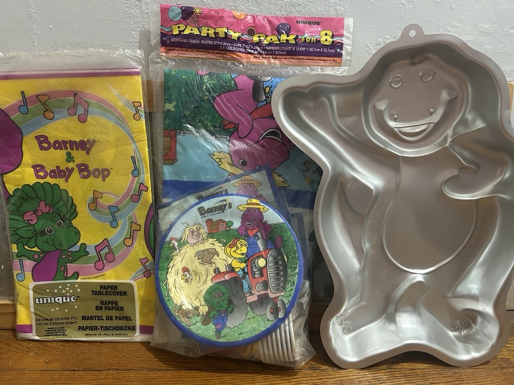 HUGE Vintage Barney Birthday Decorations Cake Tin Party Supplies RARE LOT