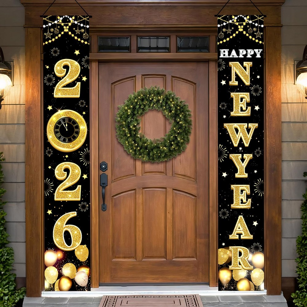 XtraLarge 2026 Happy New Year Banner – 72×12 Inch | Black and Gold Happy New …