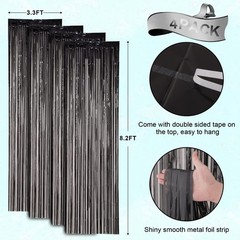 4 Pack Black Foil Fringe Backdrop Curtains Tinsel Streamers Party Decor