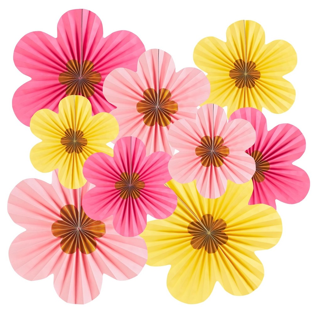 9 PCS Paper Flowers Decorations Wall Gold, Hanging Fans Floral Backdrop Decor