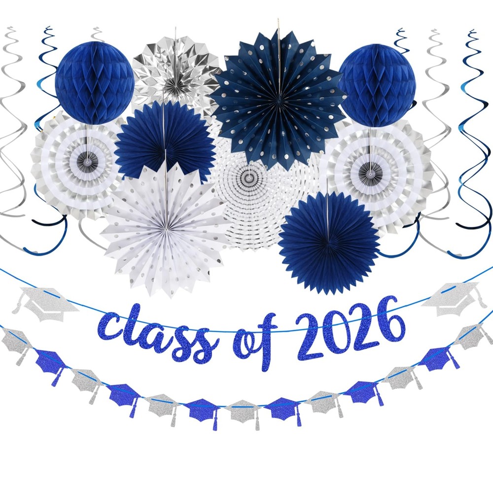 Navy-Blue Silver Party-Decorations Graduation Banner-Streamers – 18pcs Kits C…