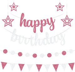 Pre-Strung Pink and Silver Happy Birthday Banner Decorations, Glitter Birthday G